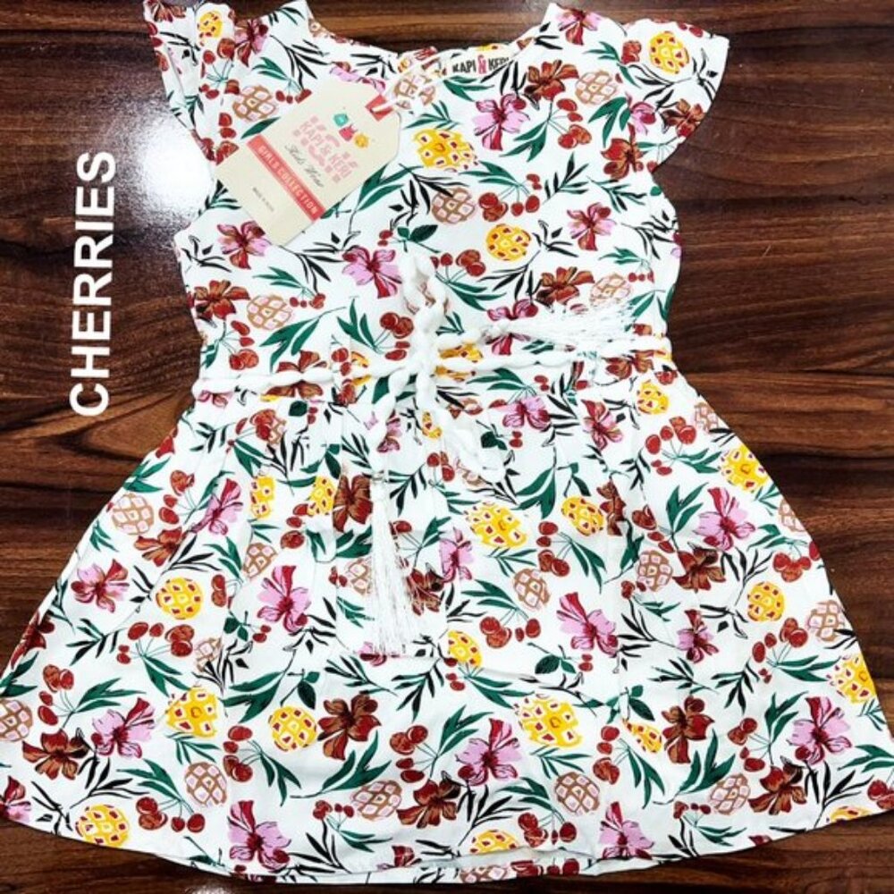 NWT Beautiful Cherries Printed Woven Dress with Tie Super Soft Cotton flutter